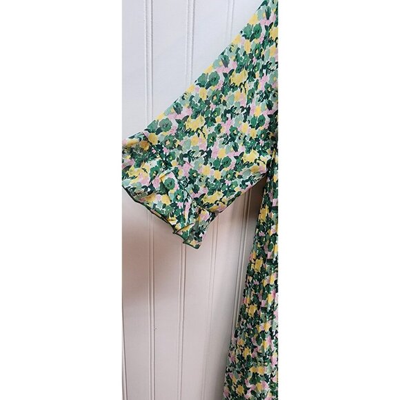 Melloday Floral Ruffle-Sleeve Pleated Dress - Green & Multicolor Print - Picture 4 of 15